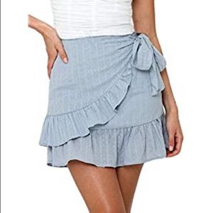High Waist Swing Ruffle Frill Swiss Dot Mini Wrap Tie Skirt Light Blue XS